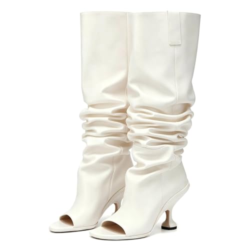 ZJGZF White Knee High Boots Leather Tall White Boots for Women Open Peep Toe Kitten Heeled Long Boot Round Toe Wide Calf Wedge Fashion Boot