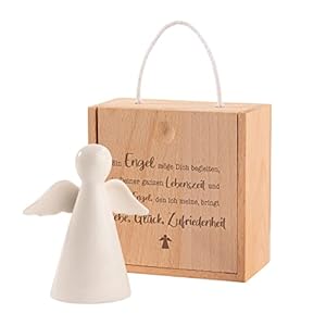 Casa Vivente Weißer Porzellan Schutzengel in Kleiner Holzbox mit Schiebetürchen und Gravur, Engelfigur als Glücksbringer…