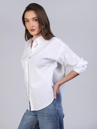 Image of Urbano Fashion Women's Cotton Full Sleeve Oversized Fit Casual Solid Slub Shirt with Spread Collar
