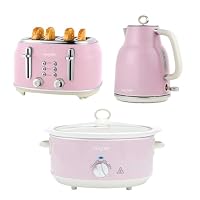 Salter Retro Pink Toaster, Kettle & Slow Cooker Set – 4-Slice Wide Slot Toaster with 6 Browning Levels, 1.7L 3KW Rapid Boil Kettle, 6.5L Electric Ceramic Cooking Pot with 3 Heat Settings