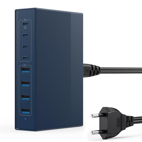 200W Chargeur USB C Multiple, 8 Ports Station de Charge GaN III Tech Chargeur Secteur, 65W Chargeur Rapide Prise avec 4 PD Type-C et 4 QC USB-A pour iPhone, Laptop, MacBook Pro, iPad, Samsung - Bleu
