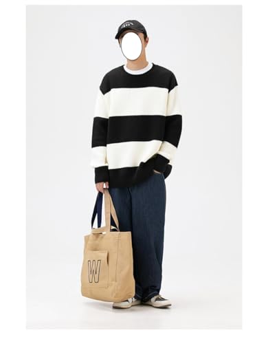 Mens Sweater Oversized Striped - Casual Cable Knitted Pullover Cute Unisex Crewneck Retro Tops3