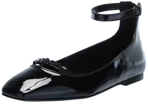 Image of KARL LAGERFELD Women's Zyvia Logo Ankle Strap Ballet Flat Sandal, Black/Smoke, 4 UK