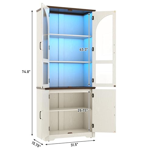 Image of chartustriable 75 inch Tall Farmhouse Kitchen Pantry Cabinet with LED Lights,Wood Storage Cabinet w Arched Glass Doors,Pantry Organizers and Storage,Rustic Wood Cupboard for Kitchen,Dining Room(White)