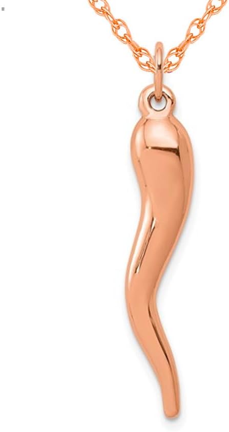 14K Rose Pink Gold Large Italian Horn Pendant Necklace with Chain