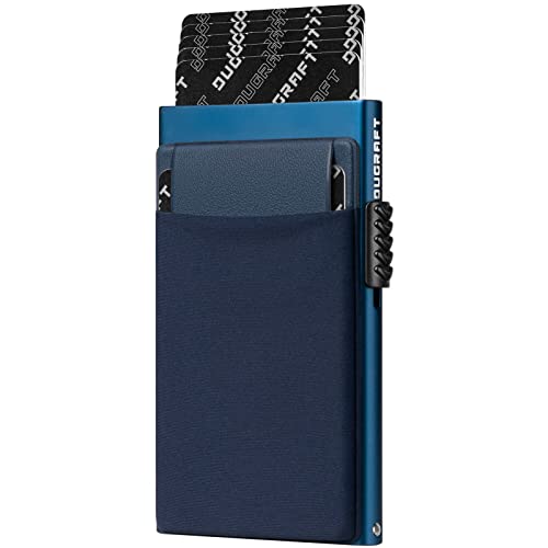 DUGRAFT Korthållare Plånbok med Pengaficka, Minimalist Slim Aluminum Metal Pop Up Wallet RFID Blocking med Presentförpackning, Rymmer 5 Kort och Kontanter, Marin