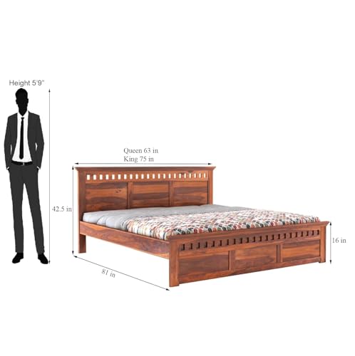 Image of Sheesham Wood Bed Without Storage Solid Wooden Cot Double Bed Furniture Elegant and Functional Bedroom Living Room Home Palang (Golden Brown with Natural Wood Grains, King)
