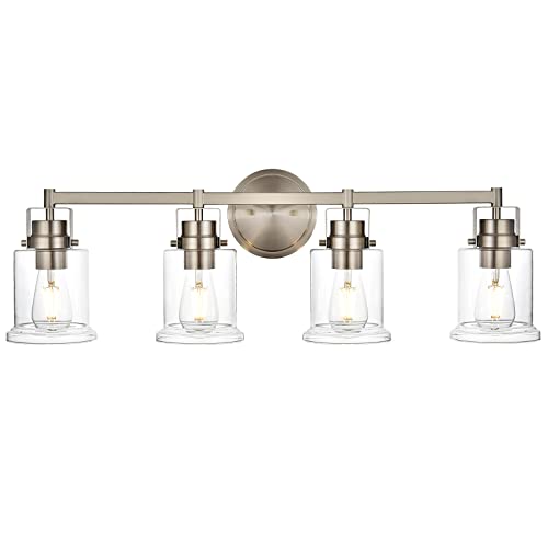 Black Friday - 70% OFF VINLUZ 4-Lights Farmhouse Bathroom Vanity Light Brushed Nickel Modern Wall Lighting with Clear Glass Shade Over Mirror, Modern Wall Sconce Light Fixtures for Living Room Bedroom Dining Room Hallway