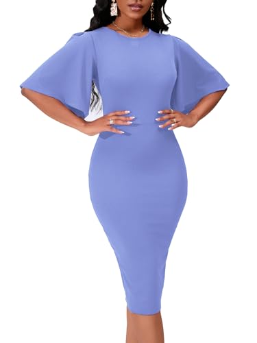 Image of WanMem Womens Basic Bodycon Ruffle Flared Short Sleeve Pencil Midi Dress