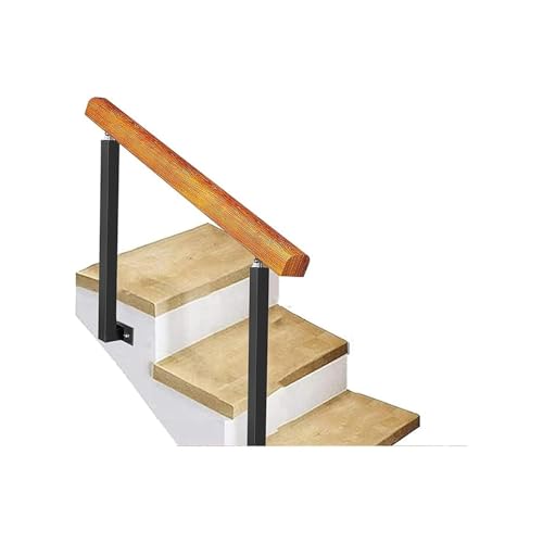 Pasamanos De 3 Escalones Para Exteriores, Montaje Lateral, Barandilla De Escalera De Hierro Forjado Negro, Barra De Soporte De Seguridad Antideslizante, Pasamanos De Madera Con 2 Piquetes Ajustables(H