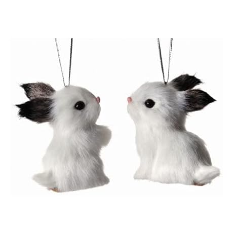 The Bridge Collection Furry Rabbit Ornaments - Set of 2 - Cute Bunny Christmas Ornaments