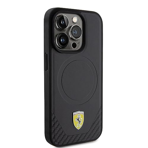 Coque rigide iPhone 15 Pro Ferrari avec logo métallique et carbone noir
