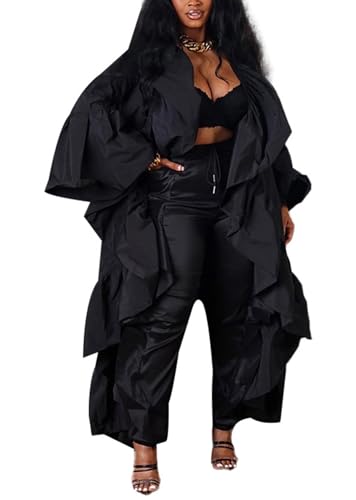 Vakkest Women's Open Front Ruffle Maxi Cardigan Long Sleeve Irregular Hem Asymmetrical Casual Dress Trench Coat Cape4