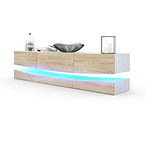 Vladon Mueble TV City, Cómoda TV con Elemento Inferior, 1 Compartimento Abierto y 3 Cajones, Blanco de Alto Brillo/Roble áspero, incluida iluminación LED (178 x Variable x 39 cm)