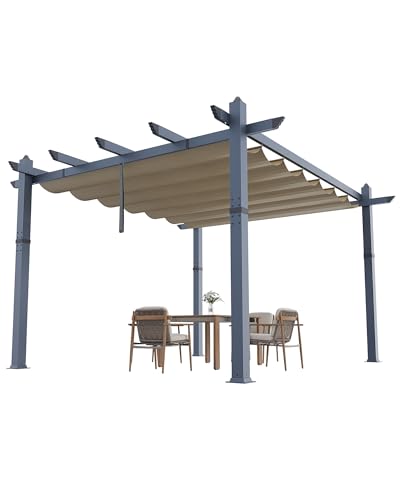 Image of KYBOLT 10x13 Ft Aluminum Pergola with Retractable Canopy Metal Gazebo for Garden Modern Backyard Deck Grape Trellis(Khaki)