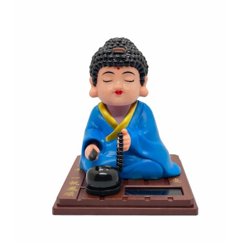 Image of Solar-Powered Moving Head Buddha Statue| Feng Shui Monk Figurine for Positive Energy, Peace & Prosperity | Shaking Head Buddha Idol for Car Dashboard, Home & Office Decor (Blue)