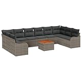 PUGYNBK Ensemble de canapé de jardin modulaire en polyrotin gris avec coussins 11 pièces, composé de 6 sièges centraux, 2 unités d'angle et 2 canapés accoudoirs, résistant aux intempéries avec plateau