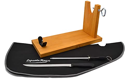 Tabla jamonera BANQUETA Nogal + Set Negro Jamonero de madera con cuchillo jamonero, chaira y cubre Jamon negro de regalo LepantoHouse (Nogal, Set Negro)