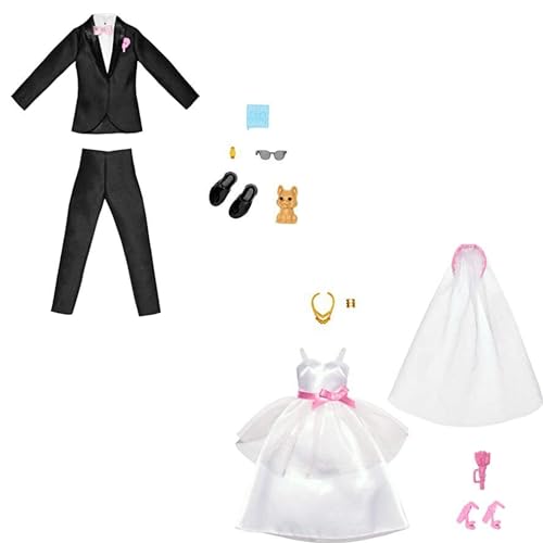 Barbie and Ken Bride and Groom Set of 2 Fashion Packs with Wedding Dress and Tuxedo Doll Outfits Bundle by Barbie - Used condition - US$12.75