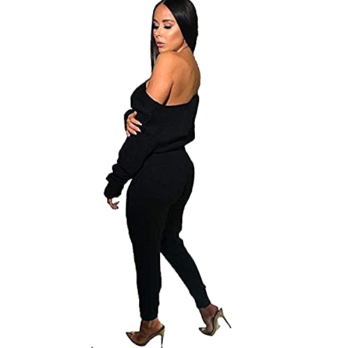 ZJ Clothes Survêtement tricoté pour femmes - Haut à épaules dénudées - Convient aux vêtements décontractés - Vêtements confortables (Le noir, 36-38) Cover