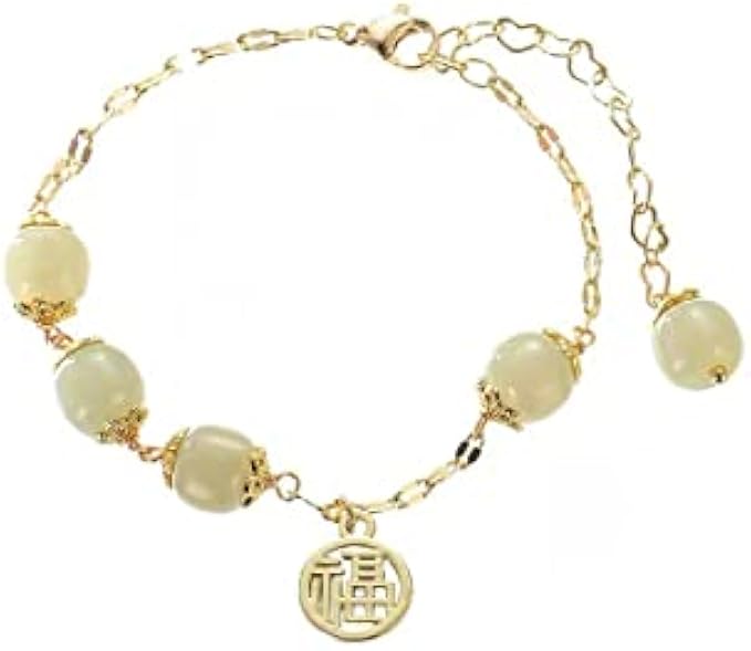 SJDOFU Light Green Natural Hotan Jade Bracelet Alloy Lucky Charm Adjustable Bracelet Bracelets for Men and Women Gifts