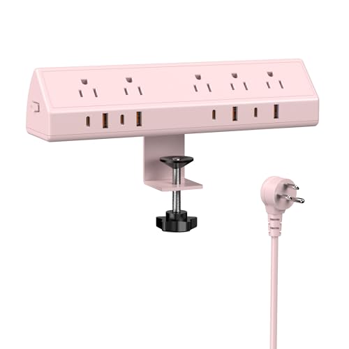 Image of Jgstkcity Desk Clamp Power Strip USB C 65W,Surge Protector,Pink | Surge Protector,5 Outlets,1875W Extension Cord,ETL Listed,Outlet Extender Desk Organizer,Office,Gaming,Dorm