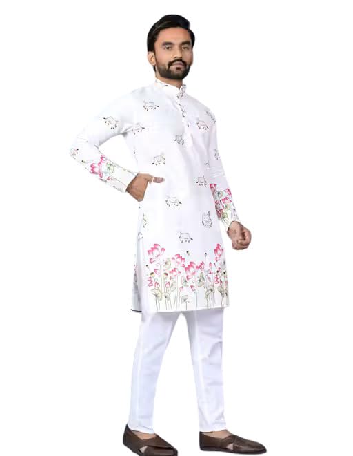 Men’s Floral Printed Ethnic Kurta | Stylish White Traditional Kurta with Lotus Design & Mandarin Collar for Wedding, Party & Cultural Occasions-picture-15