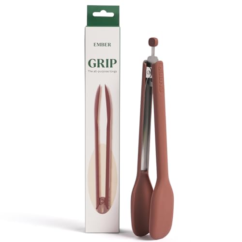 Image of Ember Cookware Silicone Kitchen Tongs | 230C Heat Resistant | Versatile- for Kitchen and Serving| Stainless Steel Core with Food Safe Silicone Grip | Locking Mechanism for Compact Storage |Terracotta