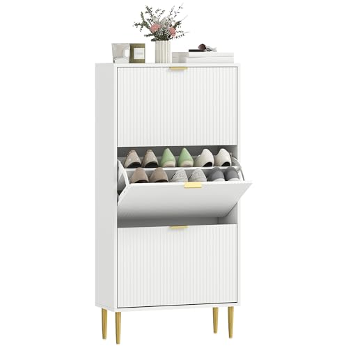 HOMCOM Narrow Shoe Cabinet with 3 Flip Drawers, Modern Slim Shoe Storage Cabinet with Fluted Doors and Adjustable Shelves for Hallway, Holds 18 Pairs, White