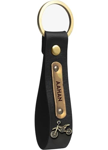 Image of Men's Leather Keychain Name Leather Keychain for Mens | Personalized with Name Printed Customized for Men | Customised Gift Set for Men with Charm Black