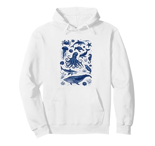 Ocean Life Vintage Marine Animals Retro Aesthetic Pullover Hoodie