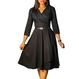Elainone Women 3/4 Sleeve Casual Swing Flared A Line Dress Wedding Guest Semi Formal Office Work Dresses with Belt Black XL