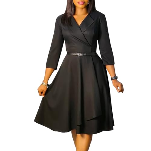 Image of Elainone Women 3 /4 Sleeve Casual Swing Flared A Line Dress Wedding Guest Semi Formal Office Work Dresses with Belt