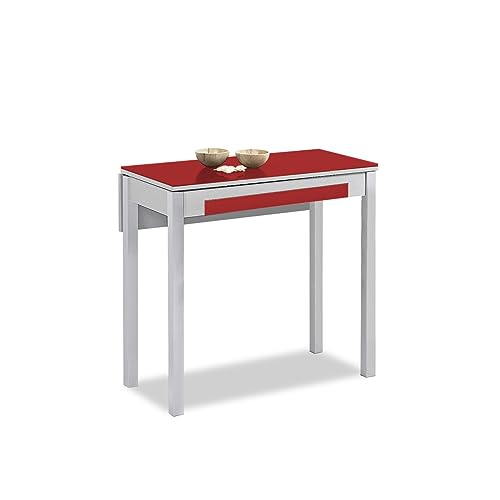 ASTIMESA Mesa de Cocina Extensible 1 ala caida - 80x40 cm (80x60 cm) - Estructura y ala caida Color Aluminio - Tapa Cristal Color Rojo