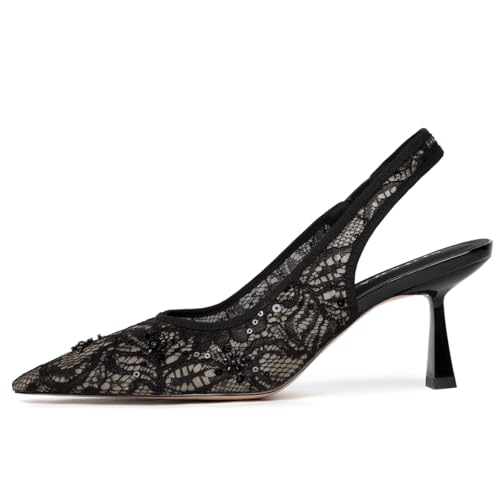 Image of Slingback Wedding Heels for Women Bridal Lace Mesh Kitten Heel Closed Pointed Toe Pearl Pumps Shoes