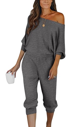 PRETTYGARDEN Two Piece Sets for Women Fall 2025 Ribbed Knit Off Shoulder Tops Lounge Pants Tracksuit Fashion Clothing