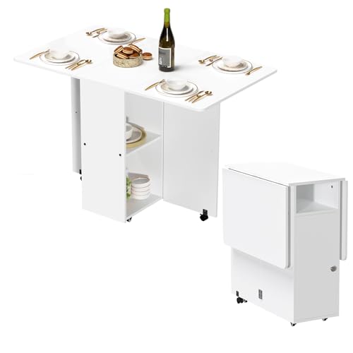 Utlenianie Mesa de Plegable Comedor con Ruedas, Mesa de Cocina Plegable con 2 Estantes, Mesa Comedor Extensible para 2-6 Personas, Blanco, 110X70X78 cm