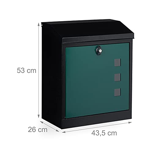 Relaxdays Briefkasten groß, Stahl, Sicherheits-Klappe, Schloss, HxBxT: 53 x 43,5 x 26 cm, Wandbriefkasten, Schwarz-Grün
