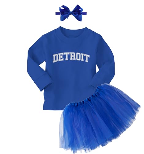 Detroit - State Proud Strong Pride Sports Long Sleeve Toddler T-Shirt + Tutu Skirt + Bow Headband Set (Long Sleeve Royal Blue T-Shirt/Royal Blue Tutu, 3T) - Main Image