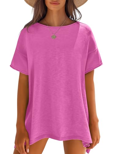 Caracilia Women Summer Lightweight Sweater Top Oversized Short Sleeve Drop Shoulder Seams Outside Casual T-Shirts Trendy 2025