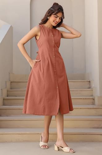 Image of Janasya Women's Rust Linen Cotton Solid A-line Dress