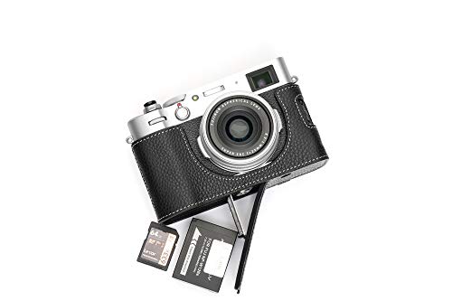 Fujifilm X100V Camera Case, Bolinus Handmade Genuine Real Leather Half Camera Case Bag Cover For Fujifilm Fuji X100V Camera Bottom Opening Version + Hand Strap (Black) #TOP2
