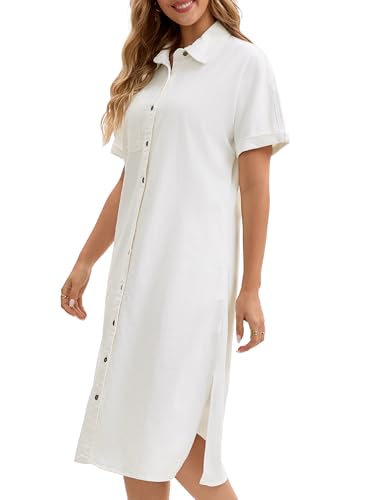 Image of Women's Midi Denim Dress Summer Short Sleeve Button Down Casual Loose Long Tunic Jean Shirt Dress