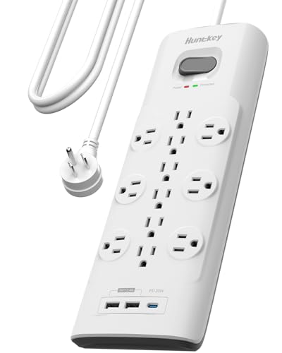 Surge Protector Power Strip (3480J), Huntkey 12 Outlets USB Ports, 6 ft Extention Cord, ETL Listed (White, USB A & USB C)