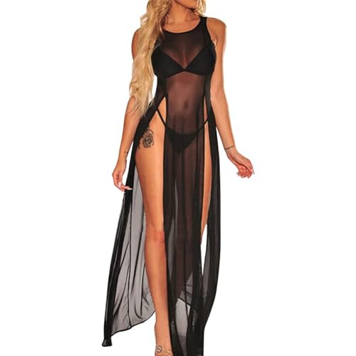 Bikini Swimsuit Cover Up Beachwear Coverup Side Split Long Kimonos Sleeveless Tank Beach Dress Bodycon See Through Dress (Black)