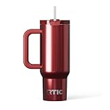 RTIC 30 oz Road Trip Tumbler Double-Walled Insulated Stainless Steel Portable Travel Coffee Mug Cup with Lid, Handle and Straw, Black Cherry Metallic