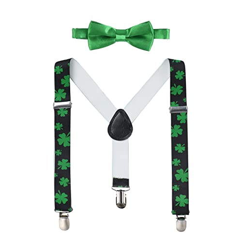 Image of IMEKIS St. Patrick's Day Boy Baby Adjustable Suspenders Bowtie Set Toddler Jungle WILD ONE First 1st Birthday Cake Smash Outfit Green Irish Leprechaun Photoshoot Shamrock Party Green Four Leaf Clover