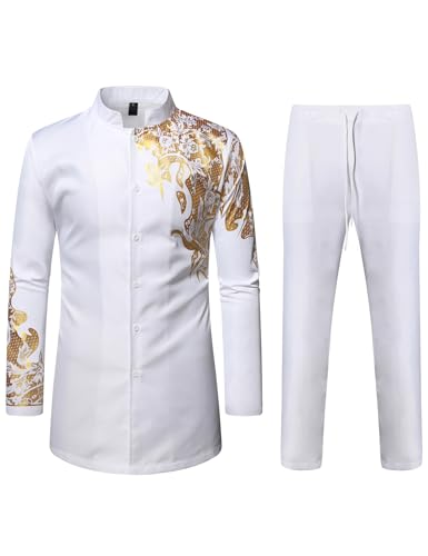 ZEROYAA Men's Traditional Suit Long Sleeve Button up African Foil Stamping Dashiki ​​ Shirt and Pants Ethnic 2 Piece Outfit