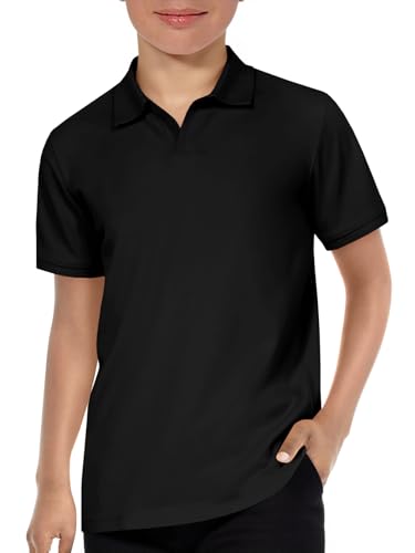 Haloumoning Boys Short Sleeve Polo Shirts Kids Casual V-Neck Uniform School Golf Pique Polo Shirt 5-14 Years Black