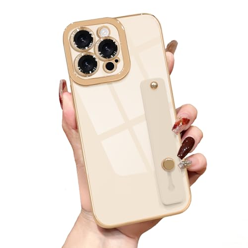 Lafunda for iPhone 13 Pro Case Cute Luxury Gold Plated for Women Girls Elegant TPU Bumper Cover with Wrist Strap Kickstand Camera Protection Shockproof Silicone Phone Case for iPhone 13 Pro White